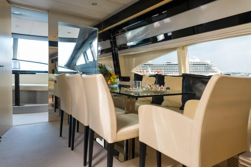 Milky Way Yacht Photos Pics Luxurious interior of 2007 Riva Venere 75 yacht with elegant dining area and modern decor.
