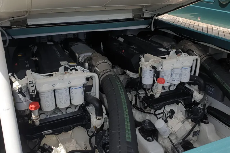  Yacht Photos Pics Engine compartment of 2023 Canados Gladiator 493 yacht, featuring dual Volvo engines.
