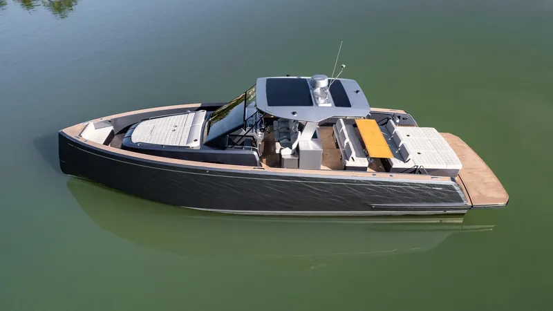  Yacht Photos Pics 2025 Pardo Yachts 43 luxury boat on calm water, showcasing sleek design and spacious deck.