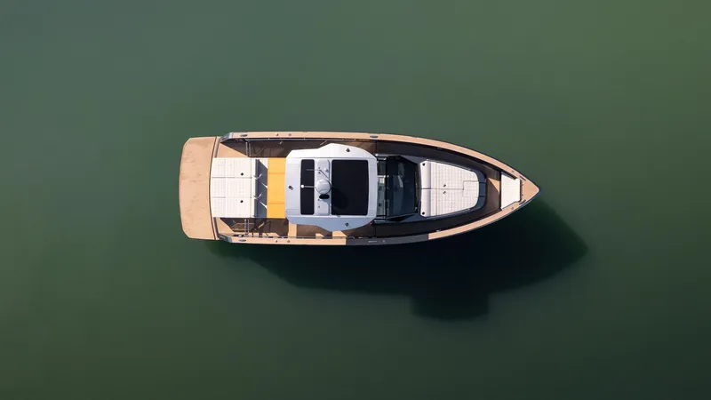  Yacht Photos Pics Aerial view of 2025 Pardo Yachts 43 on calm green water.