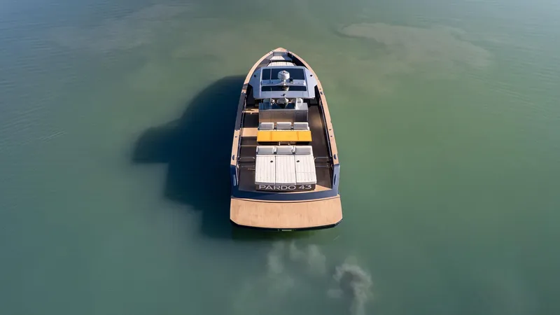  Yacht Photos Pics 2025 Pardo Yachts 43 on calm water, aerial view showcasing sleek design.