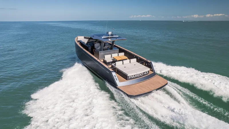  Yacht Photos Pics 2025 Pardo Yachts 43 cruising on open sea, showcasing sleek design and powerful performance.