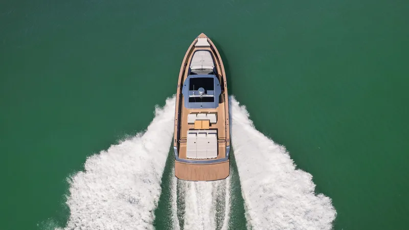  Yacht Photos Pics 2025 Pardo Yachts 43 cruising on open water, aerial view.