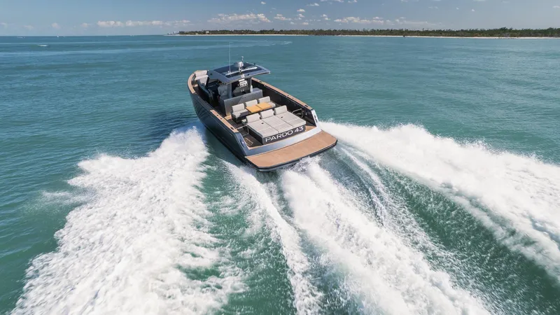  Yacht Photos Pics 2025 Pardo Yachts 43 cruising on open water, showcasing sleek design and powerful performance.