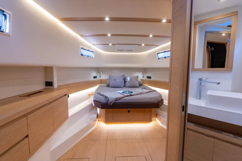 Yacht Photos Pics Luxurious interior of 2025 Pardo Yachts 43, featuring a cozy bedroom and modern design.