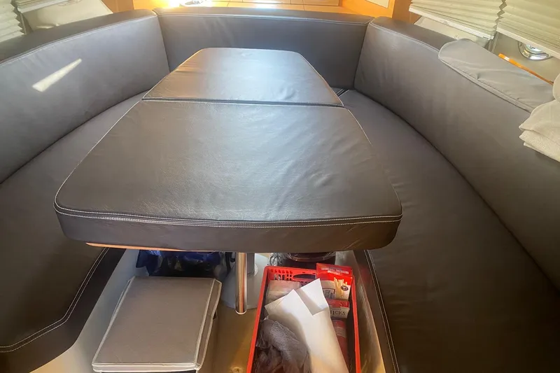  Yacht Photos Pics Interior seating area of 2009 Cranchi Endurance 33 yacht with leather upholstery.