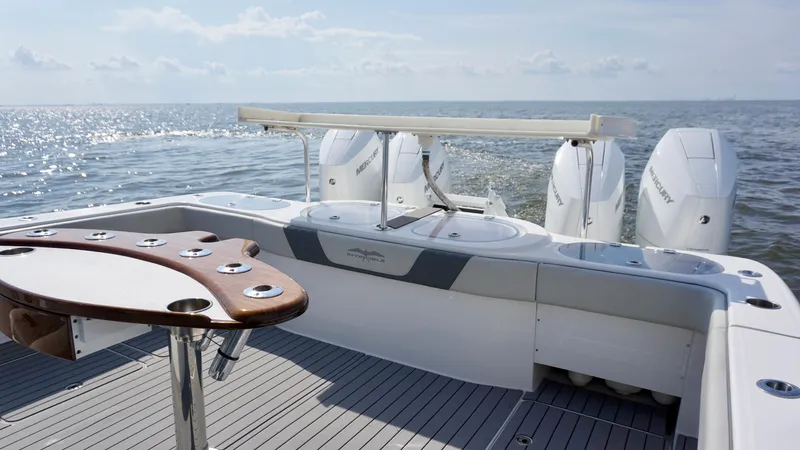  Yacht Photos Pics 2022 Invincible 46 Catamaran with outboard motors, sleek deck, and ocean view.