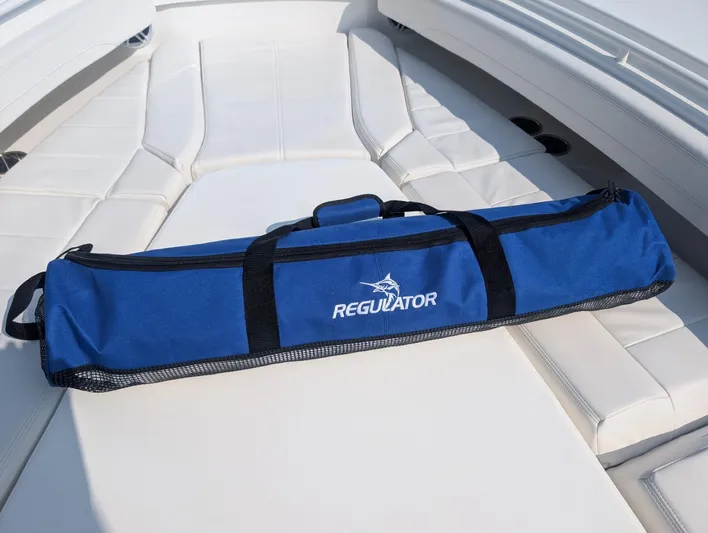  Yacht Photos Pics Blue Regulator bag on 2023 Regulator 28 boat's white seating area.