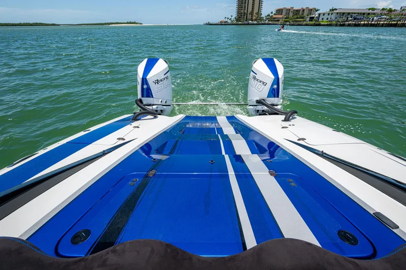  Yacht Photos Pics 2023 Performance Powerboats P360 on water, featuring dual outboard engines and sleek blue design.