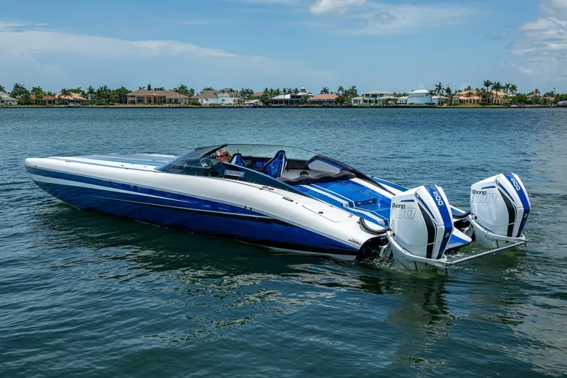  Yacht Photos Pics 2023 Performance Powerboats P360 on water, featuring dual outboard engines.