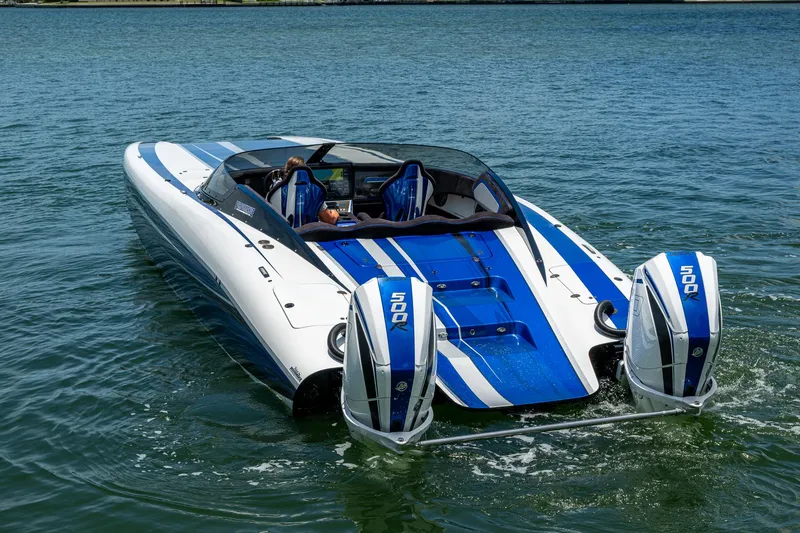  Yacht Photos Pics 2023 Performance Powerboats P360 on water, featuring dual 500 horsepower engines.