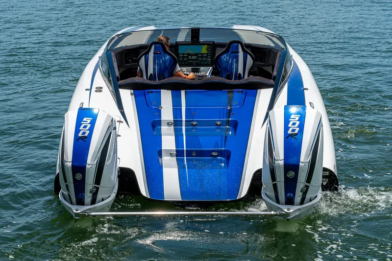  Yacht Photos Pics 2023 Performance Powerboats P360 on water, featuring dual 500R engines and sleek blue design.