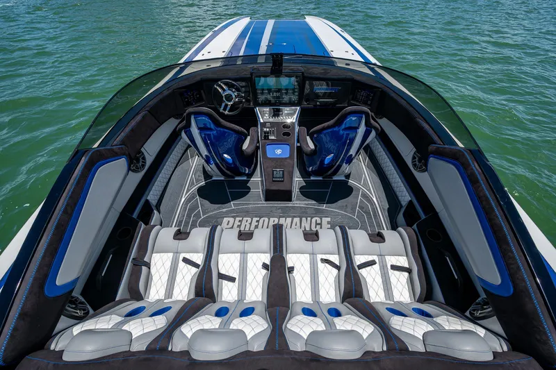  Yacht Photos Pics 2023 Performance Powerboats P360 interior with luxury seating and advanced controls on water.