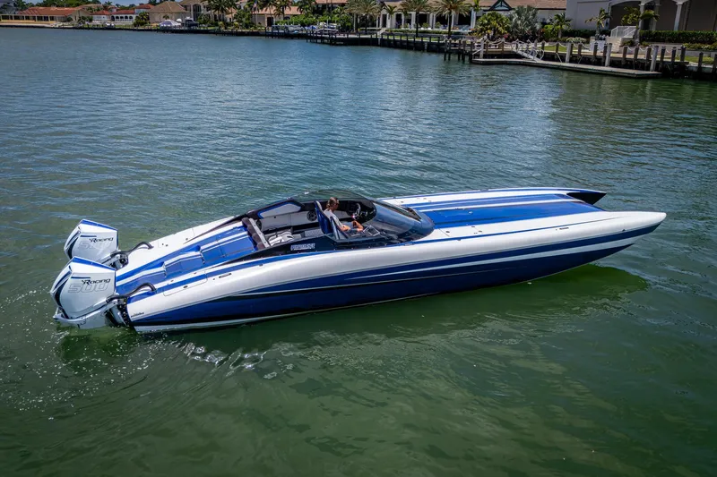  Yacht Photos Pics 2023 Performance Powerboats P360 on water, featuring sleek blue and white design.