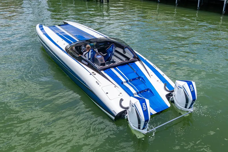  Yacht Photos Pics 2023 Performance Powerboats P360 on water, featuring sleek blue and white design.