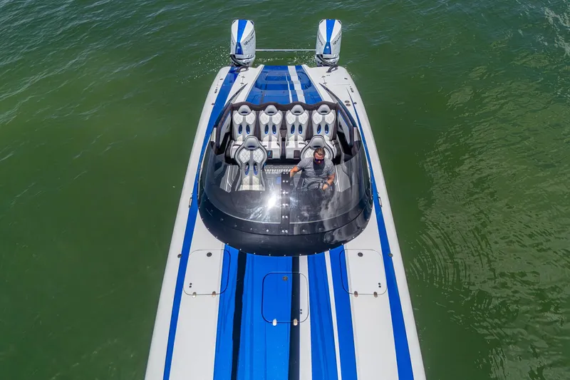  Yacht Photos Pics 2023 Performance Powerboats P360 on water, aerial view, blue and white design.