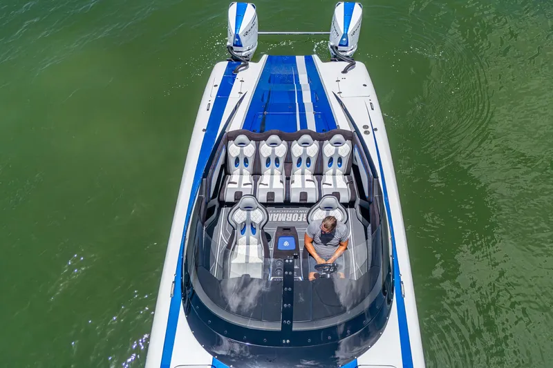  Yacht Photos Pics 2023 Performance Powerboats P360 on water, aerial view, featuring sleek design and dual engines.