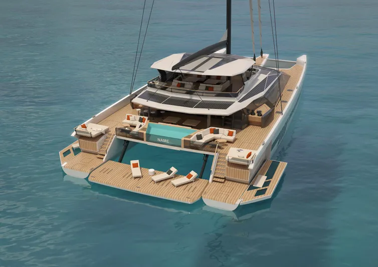 Project Polaris Yacht Photos Pics Luxurious 2026 Custom FLYBRIDGE yacht with spacious deck and modern design on tranquil water.