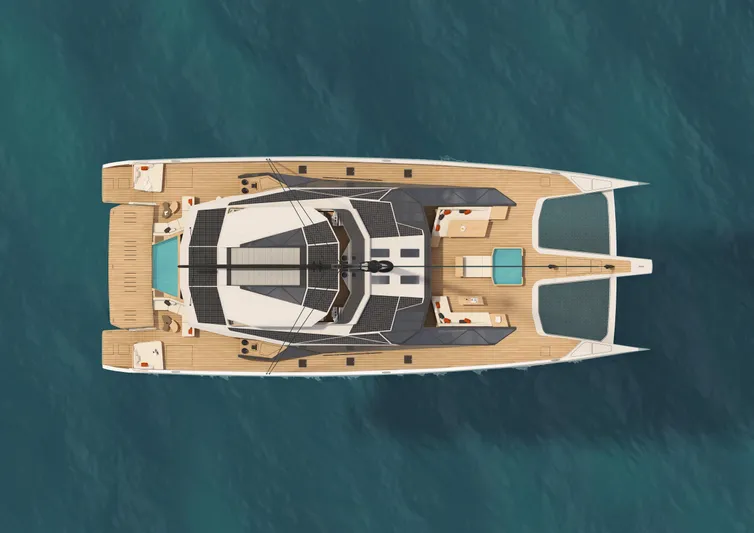 Project Polaris Yacht Photos Pics Top view of a 2026 Custom FLYBRIDGE yacht on blue water.