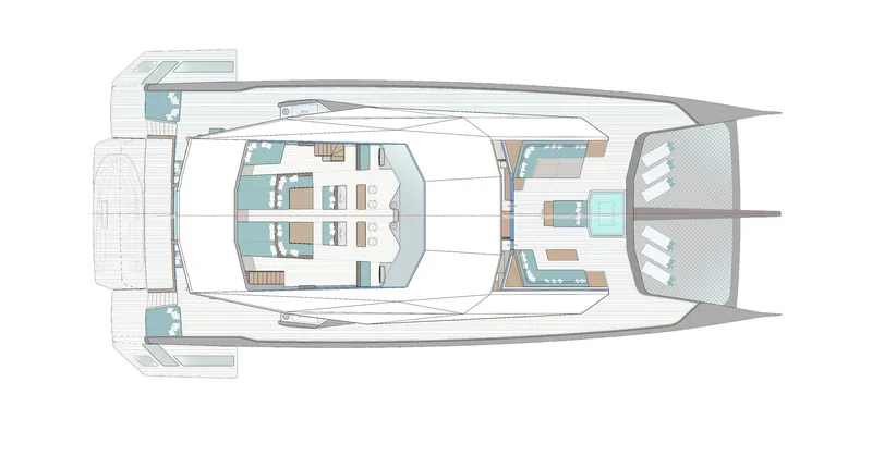 Project Polaris Yacht Photos Pics Top view of 2026 Custom FLYBRIDGE yacht layout, showcasing spacious deck design.