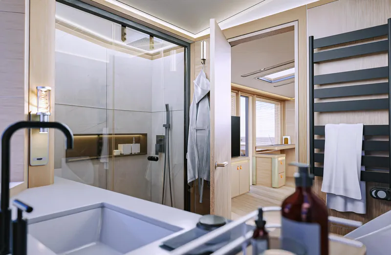 Project Polaris Yacht Photos Pics Luxurious 2026 Custom FLYBRIDGE yacht bathroom with modern fixtures and elegant design.