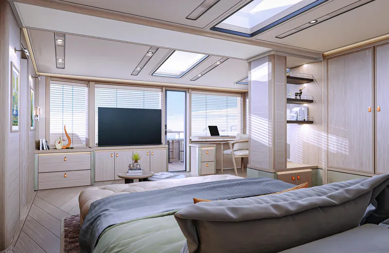 Project Polaris Yacht Photos Pics Luxurious 2026 Custom FLYBRIDGE yacht interior with modern decor and large windows.