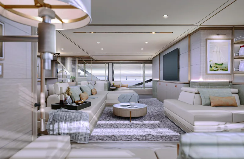 Project Polaris Yacht Photos Pics Luxurious 2026 Custom FLYBRIDGE yacht interior with modern decor and spacious seating.