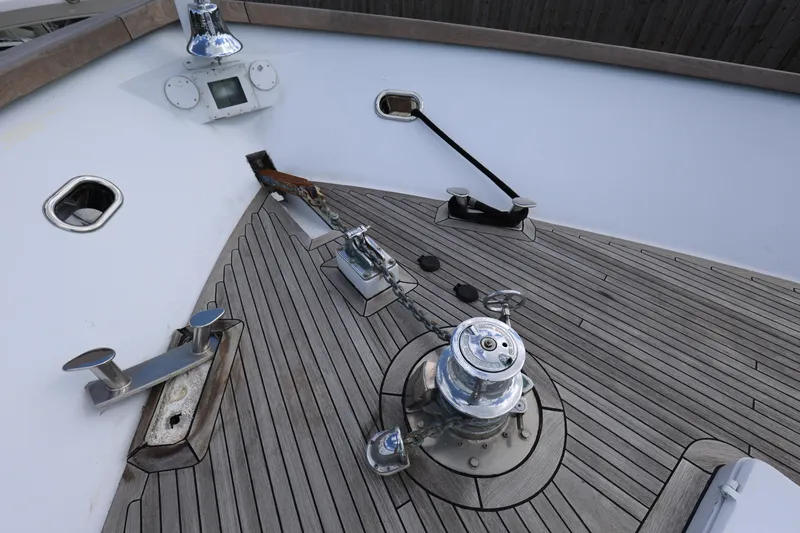 Ocean Drive Yacht Photos Pics Deck of 1988 Broward 124 Tri-Deck MY yacht with winch and cleats.