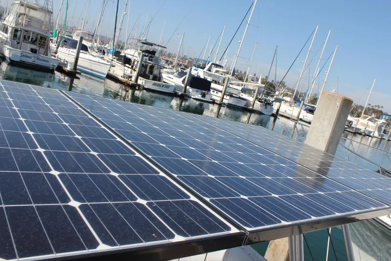 Hawaiian Passage Yacht Photos Pics Solar panels on a Beneteau Oceanis 461 yacht, docked at a marina, 1997 model.