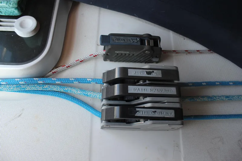 Hawaiian Passage Yacht Photos Pics Close-up of rope clutches on a 1997 Beneteau Oceanis 461 sailboat deck.