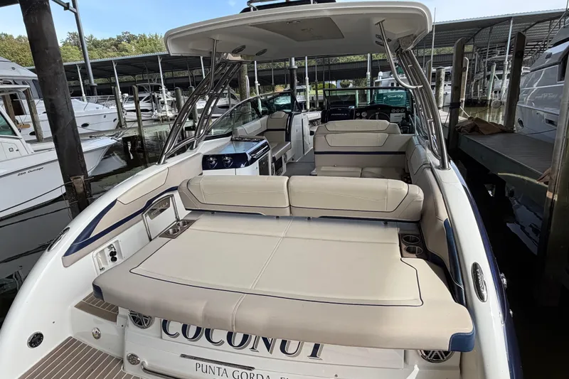  Yacht Photos Pics 2017 Formula 350 Crossover Bowrider with spacious seating, docked at marina.