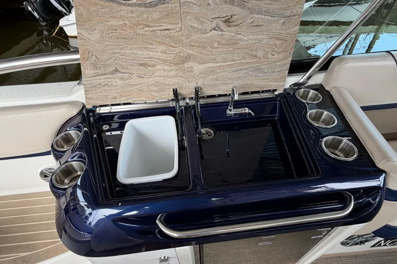  Yacht Photos Pics 2017 Formula 350 Crossover Bowrider wet bar with sink, cup holders, and storage.