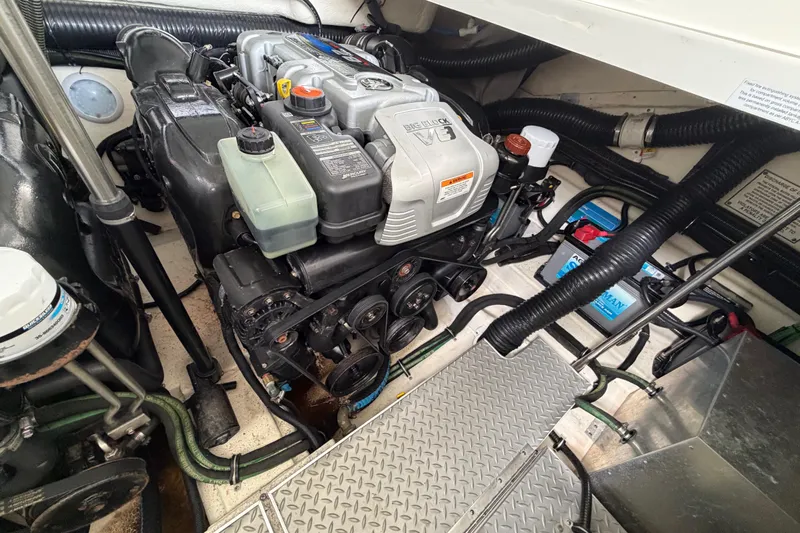  Yacht Photos Pics Engine compartment of a 2017 Formula 350 Crossover Bowrider, showcasing detailed mechanical components.