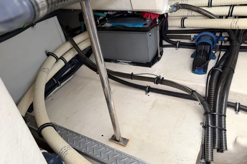  Yacht Photos Pics 2017 Formula 350 Crossover Bowrider engine compartment with battery and wiring.