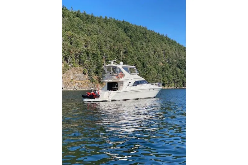 Hustler I Yacht Photos Pics 2000 Sea Ray 560 Sedan Bridge yacht on scenic water with forested backdrop.