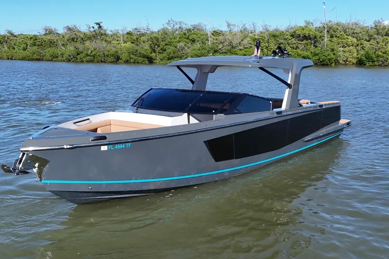  Yacht Photos Pics 2022 Aviara AV40 OB luxury boat on calm water, sleek design, modern features.