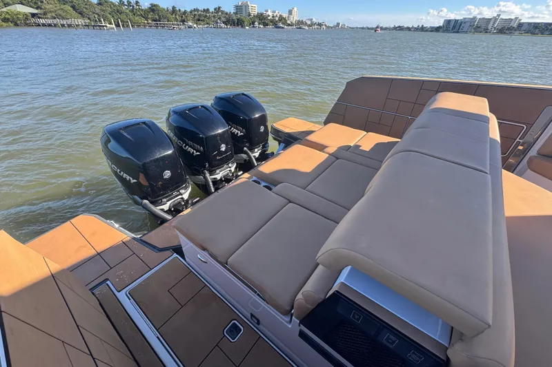  Yacht Photos Pics 2022 Aviara AV40 OB boat with triple Mercury outboard engines and spacious seating.