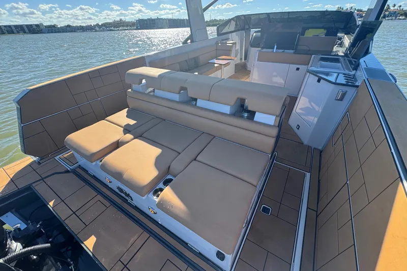 Yacht Photos Pics 2022 Aviara AV40 OB luxury boat interior with tan seating and modern amenities.