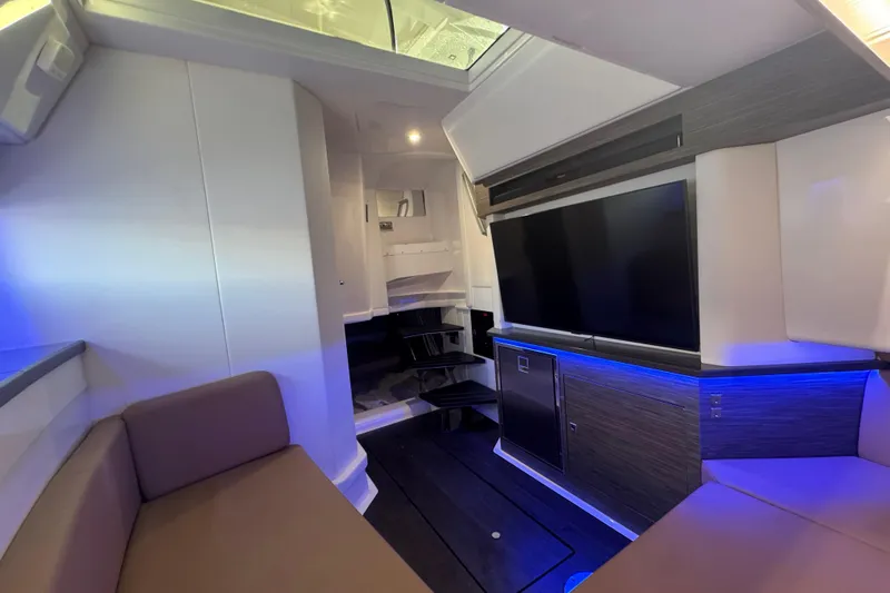  Yacht Photos Pics Interior of 2022 Aviara AV40 OB boat with modern seating and entertainment system.