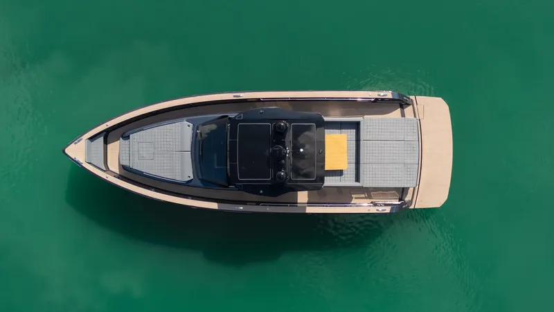  Yacht Photos Pics Top view of 2025 Pardo Yachts 50 on turquoise water.