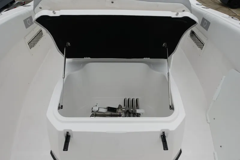  Yacht Photos Pics 2025 Sea Fox 268 Commander boat storage compartment with open lid and visible equipment.