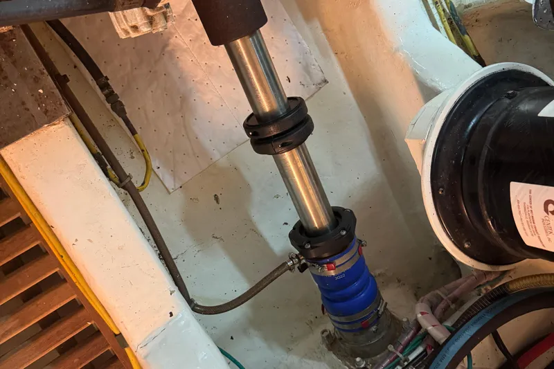 Marjorie Ann Yacht Photos Pics Engine room of 2006 DeFever 52 Euro yacht showing mechanical components and piping.