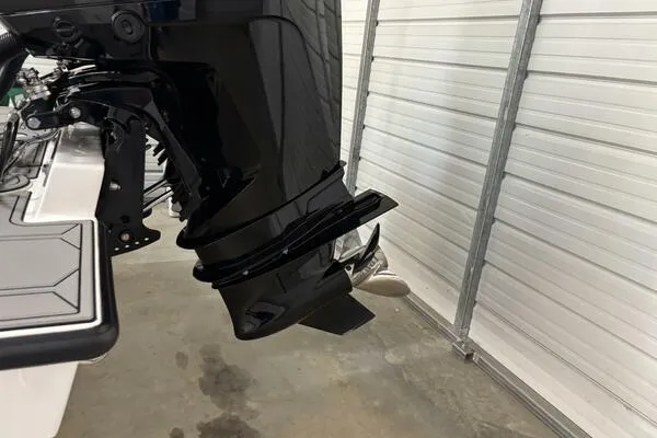  Yacht Photos Pics 2025 Concept 27' Open Deck boat engine in a garage setting.