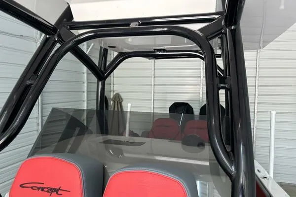  Yacht Photos Pics 2025 Concept 27' Open Deck boat interior with red seats and black frame.