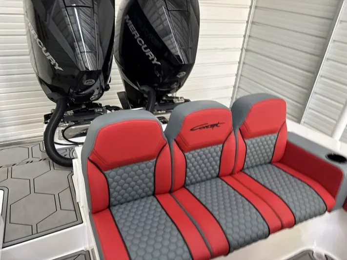  Yacht Photos Pics 2025 Concept 27' Open Deck boat with red and gray seating, dual Mercury engines.