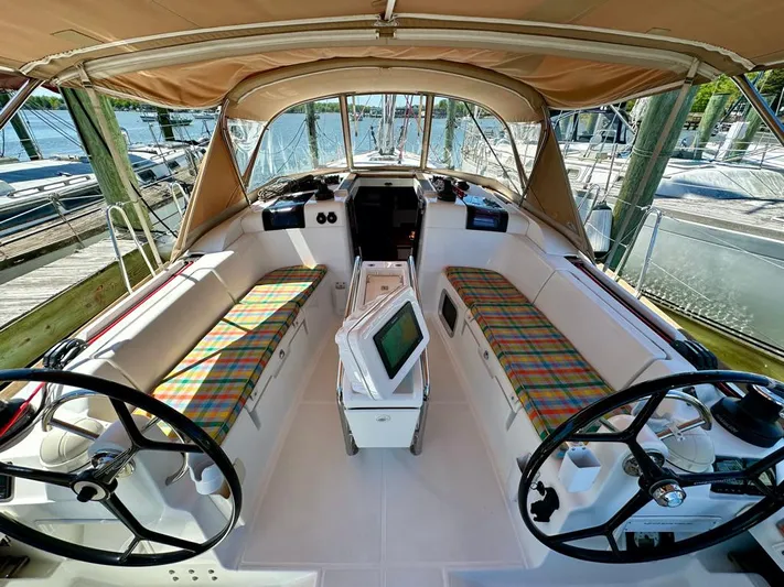 Celtic Rose Yacht Photos Pics 2018 Jeanneau Sun Odyssey 419 sailboat cockpit with dual steering wheels and plaid seating.