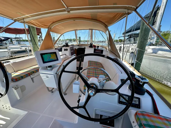 Celtic Rose Yacht Photos Pics Cockpit of 2018 Jeanneau Sun Odyssey 419 sailboat with dual steering wheels and navigation equipment.