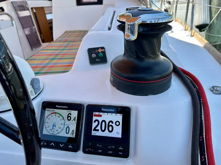 Celtic Rose Yacht Photos Pics Cockpit of 2018 Jeanneau Sun Odyssey 419 with navigation instruments and winch.