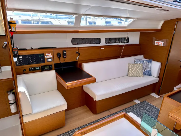 Celtic Rose Yacht Photos Pics Interior of 2018 Jeanneau Sun Odyssey 419 sailboat with modern seating and navigation equipment.