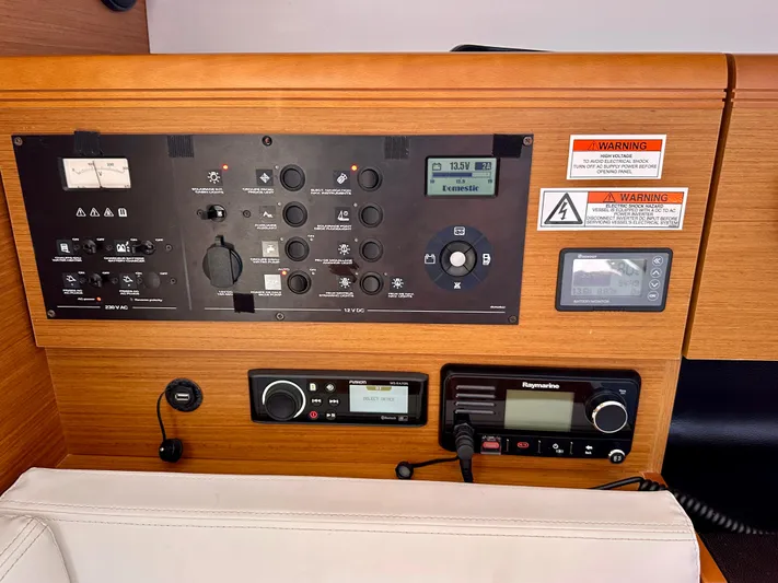 Celtic Rose Yacht Photos Pics Control panel of 2018 Jeanneau Sun Odyssey 419 yacht with navigation and communication equipment.